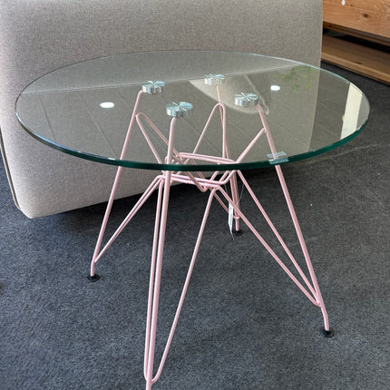 MESA REDONDA DE VIDRIO TEMPLADO Y PATAS ROSA