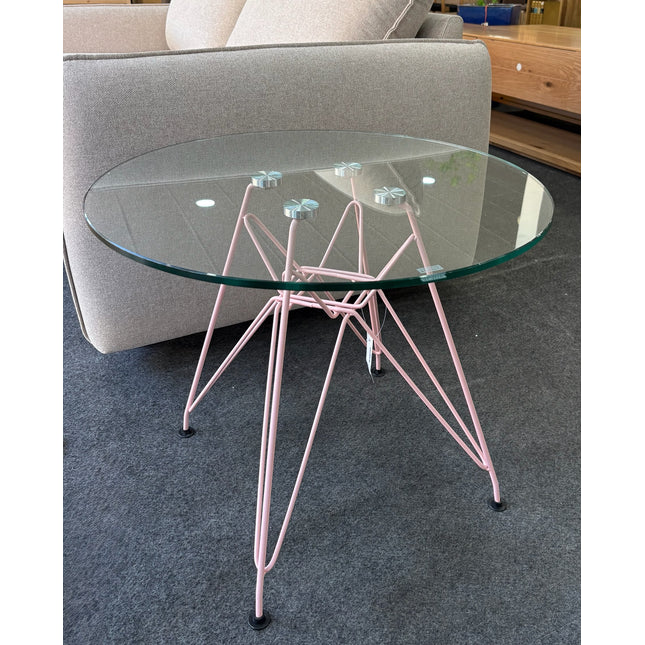 MESA REDONDA DE VIDRIO TEMPLADO Y PATAS ROSA